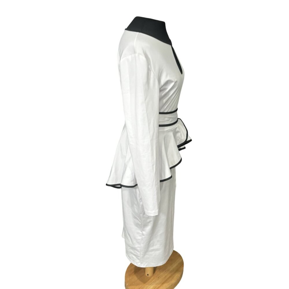 White Long-Sleeve Peplum Midi Dress With Black Trim & Keyhole Neckline - Picture 3 of 9